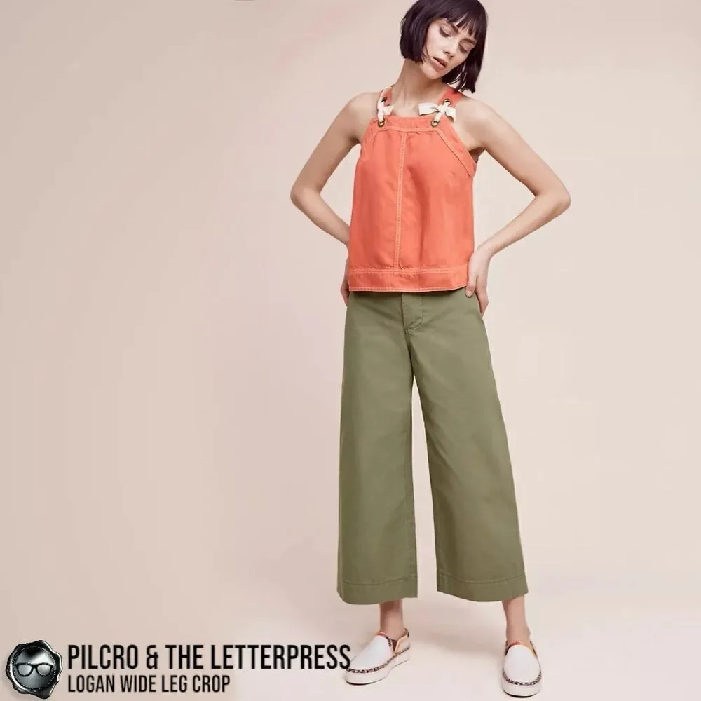 ANTHROPOLOGIE PILCRO & THE LETTERPRESS LOGAN WIDE LEG CROP PANTS IN OLIVE GREEN